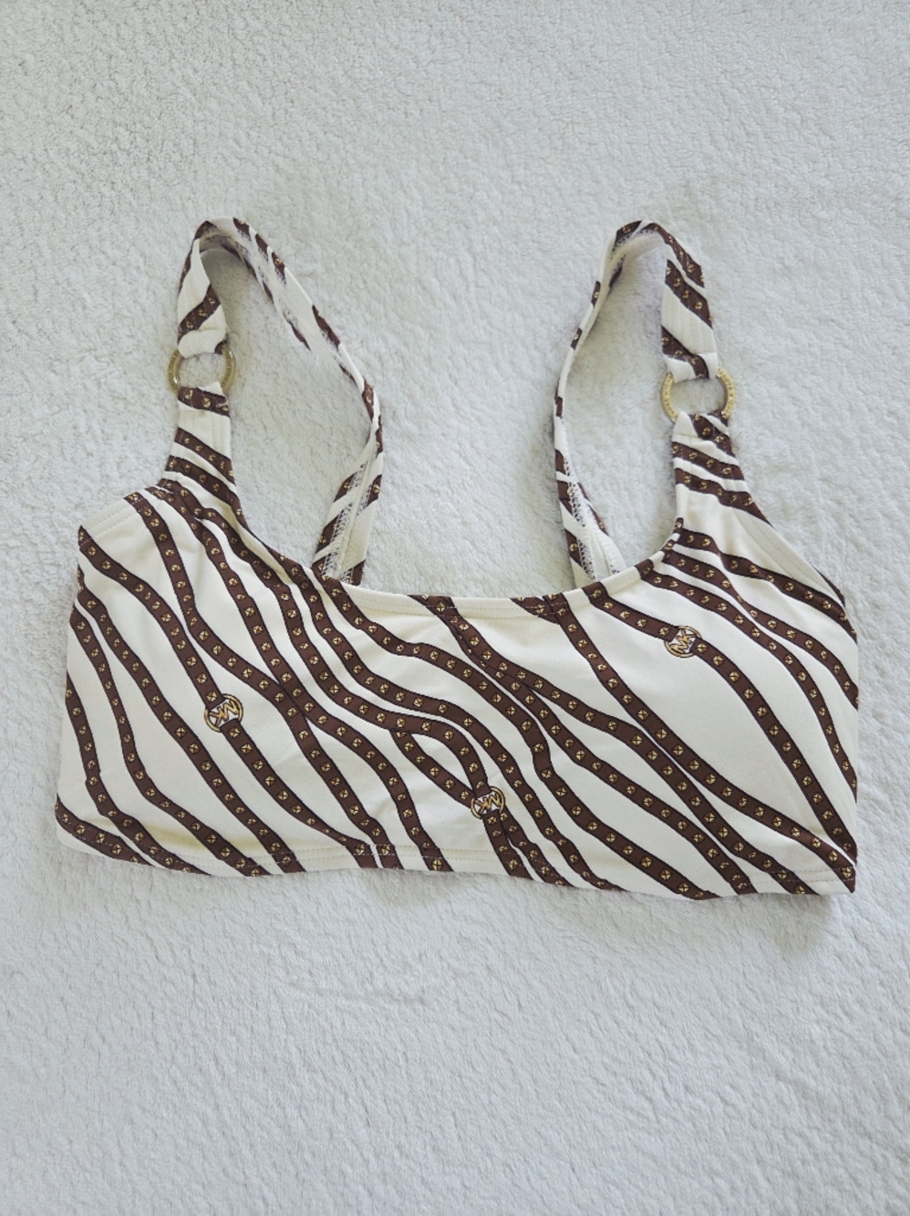 Michael Kors ✨️ White and Brown Patterned Swim Top with Gold Ring Size S